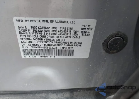 2019 Honda Pilot Ex-L z USA, uszkodzony, nr VIN 5FNYF6H49KB022028